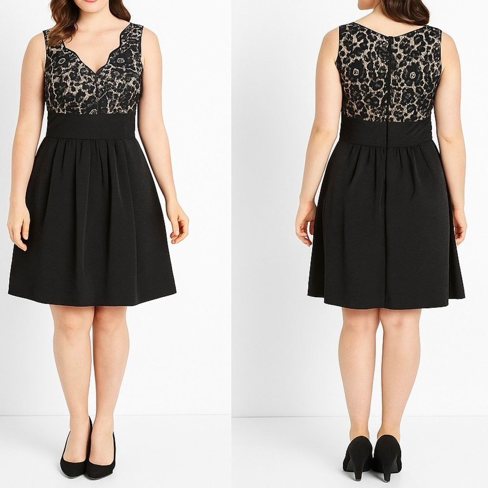 Eliza J Skater Dress Sz 6 Black Lace Pleated Dress Lined Pockets Cocktail Party